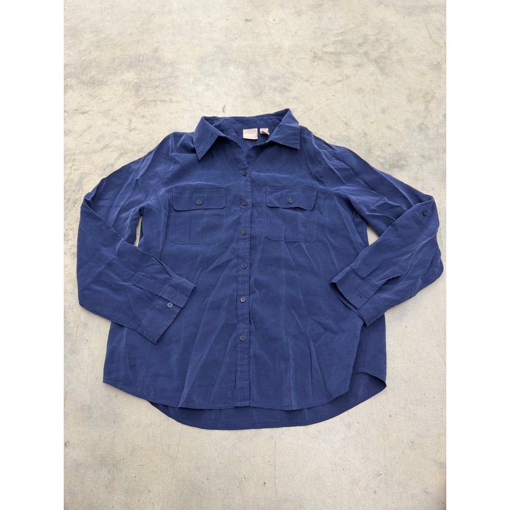 Chico's Top Womens 2 Navy Blue Long Sleeve Button-Up Comfort Classic Streetwear